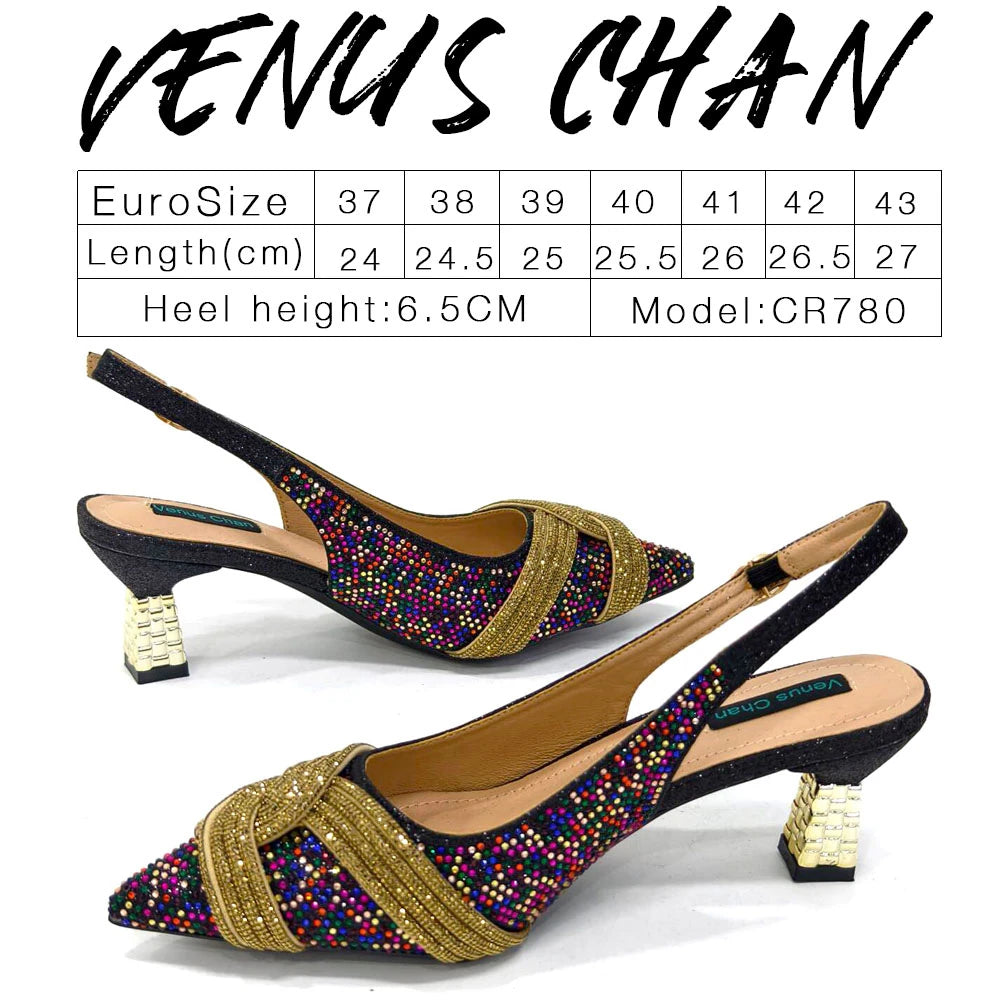 Venus Chan Women’s Champagne Shoe & Bag Set - Rhinestone Heels and Handbag for Nigerian Parties & Weddings