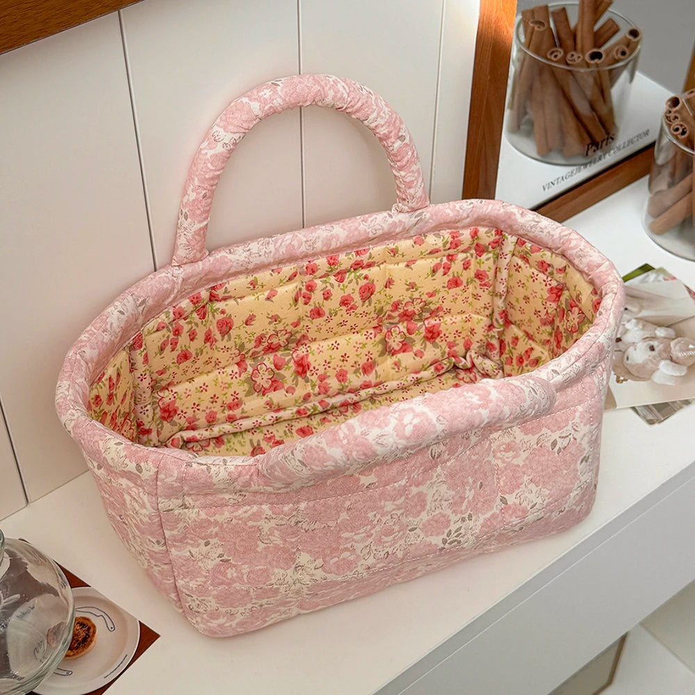 Cute Pink Flower Quilted Storage Basket with Handle – Foldable Home Organizer for Pet Toys & Room Storage