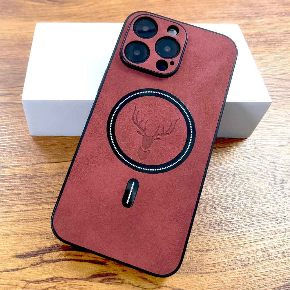 Luxury PU Leather Deer Case for iPhone 18 17 Air 16 15 14 13 12 11 Pro Max Plus 16E 18 Pro - MagSafe Wireless Charging Protective Back Cover