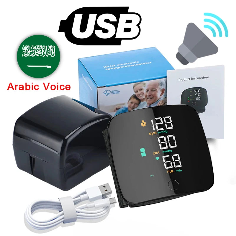 LED Rechargeable Wrist Blood Pressure Monitor – English, Russian, Portuguese, Spanish Voice Broadcast Tonometer