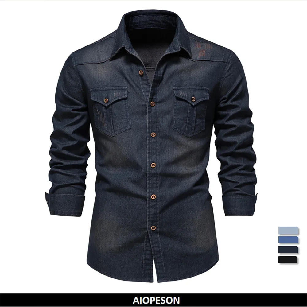 AIOPESON Men's Cotton Denim Shirt - Long Sleeve Slim Fit Casual Cowboy Style Shirt