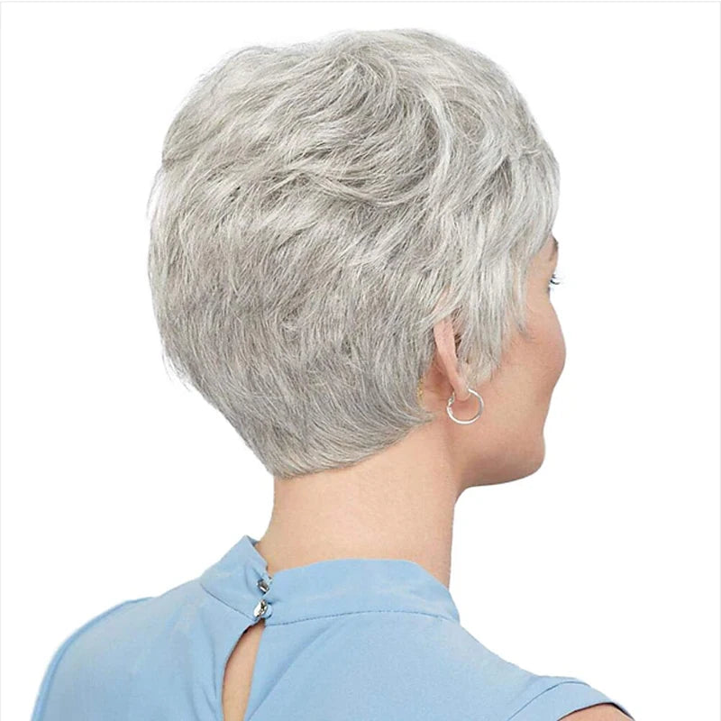 HAIRJOY Short Grey Wigs for Women – Mixed Gray & Silver Curly Wig with Bangs, Synthetic Short Hair Wig for Grandma