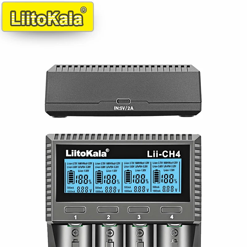 LiitoKala Lii-CH4 Smart Battery Charger – 4-Slot Fast USB-C Charging for 18650/21700/26650/AA/AAA Ni-MH & Li-Ion with Auto Detect