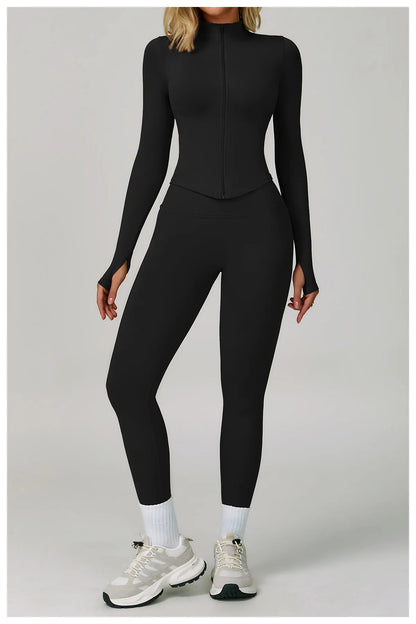 2/3PCS Women’s Seamless Yoga & Gym Set – Push-Up Sports Bra, Long Sleeve Jacket & Workout Leggings