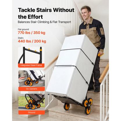 Stair Climbing Cart - Folding 6-Wheel Grocery Trolley with Telescoping Handle & Bungee Cords