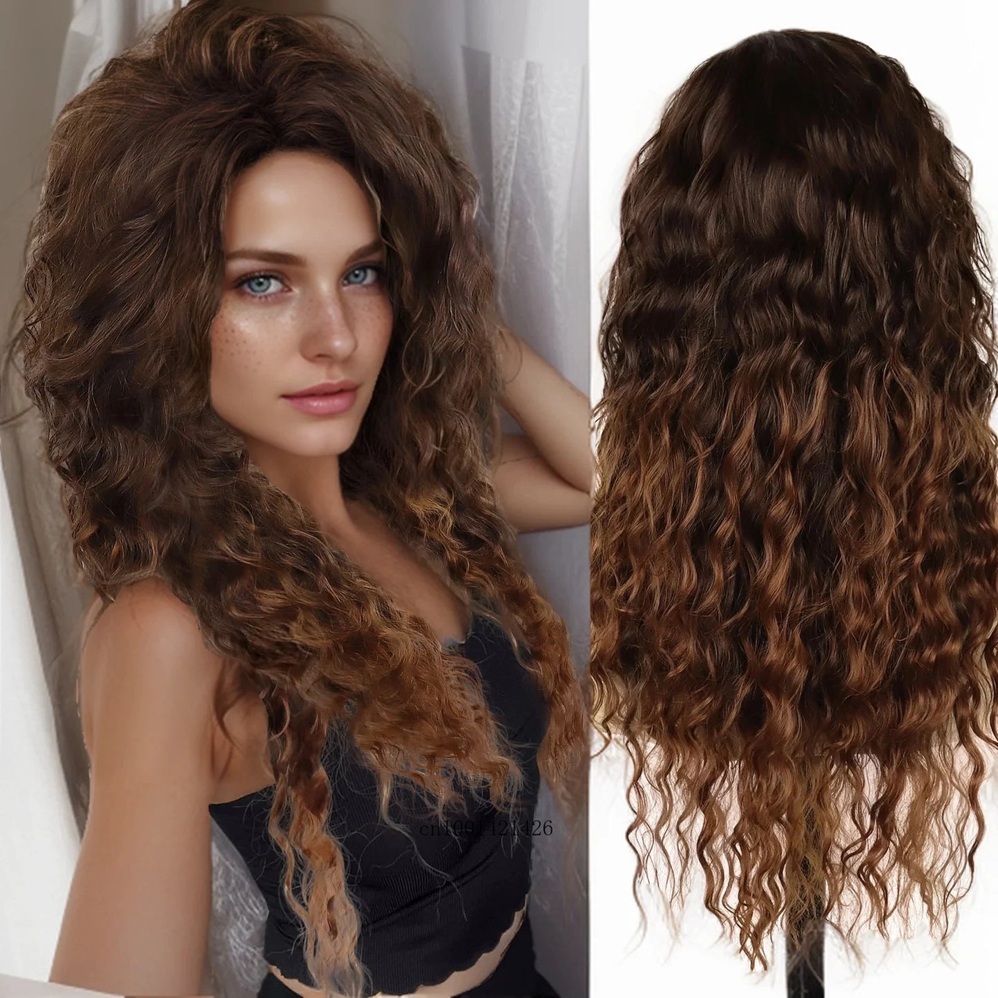 Ash Blonde Synthetic Wig – 26" Long Curly Ombre Hair, Fluffy Wave Wig for Women, Costume & Party Wig