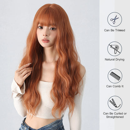 Copper Ginger Red Brown Synthetic Wig – Long Fluffy Wavy Wig with Bangs, Heat-Resistant Cosplay & Daily Wear Hair for Women