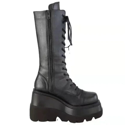 Women’s Winter Platform Boots – Black Leather Short Combat Booties, Rainproof Military, Punk Goth Lolita Footwear Clearance