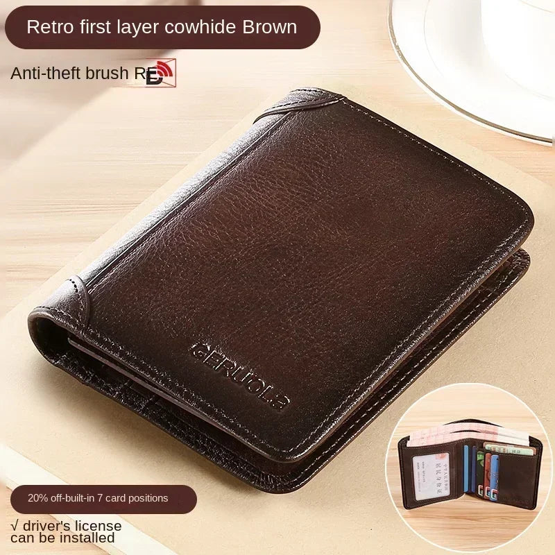 Genuine Leather Men’s Wallet – RFID Blocking Trifold, Vintage Thin ID & Credit Card Holder, Multi-Function Purse