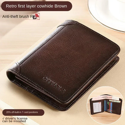 Genuine Leather Men’s Wallet – RFID Blocking Trifold, Vintage Thin ID & Credit Card Holder, Multi-Function Purse