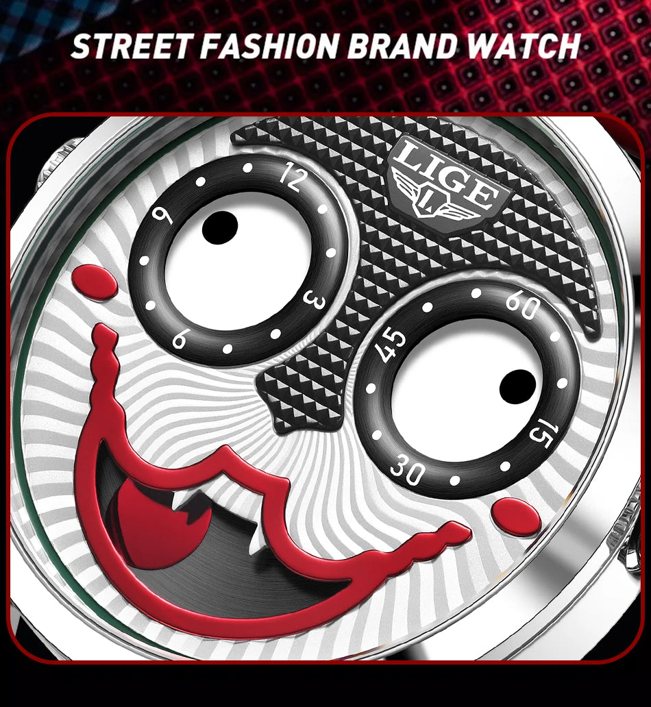 LIGE 2025 Men’s Creative Clown Quartz Watch – Waterproof Leather Strap Joker Fashion Wristwatch