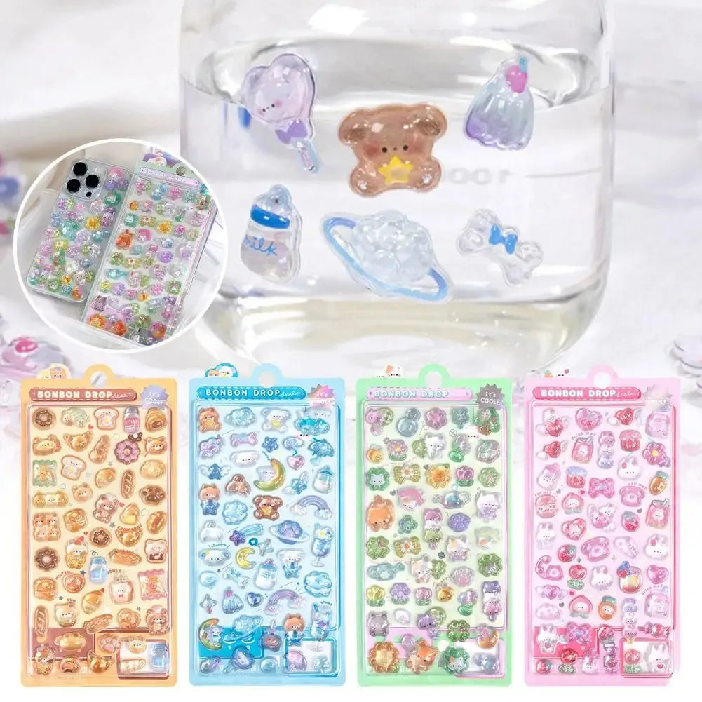 3D Relief Jelly Stickers - Cute Cartoon Animal Candy Ghost Rabbit DIY Stickers for Phone Case, Diary & Stationery Decor