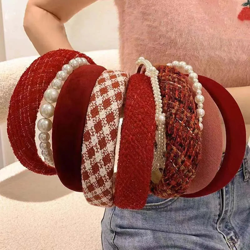 Vintage Red Woolen Velvet Headband – Women's Side Sponge Hair Hoop for Christmas & Fashion Accessories