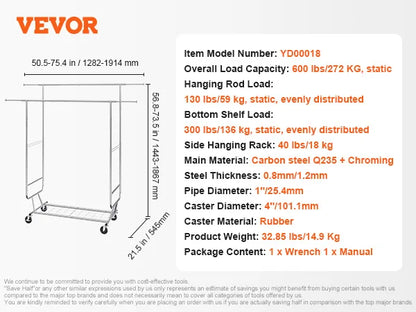 VEVOR Heavy Duty Garment Rack – Adjustable Length Clothes Rack with Bottom Shelf & Wheels for Laundry Room