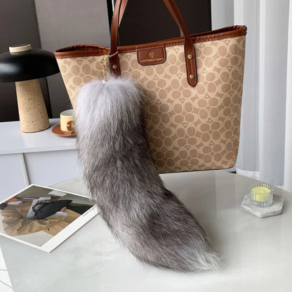 Natural Fox Fur Tail Keychain – 40cm Furry Racoon Bag Charm & Fluffy Keyring Accessory for Women