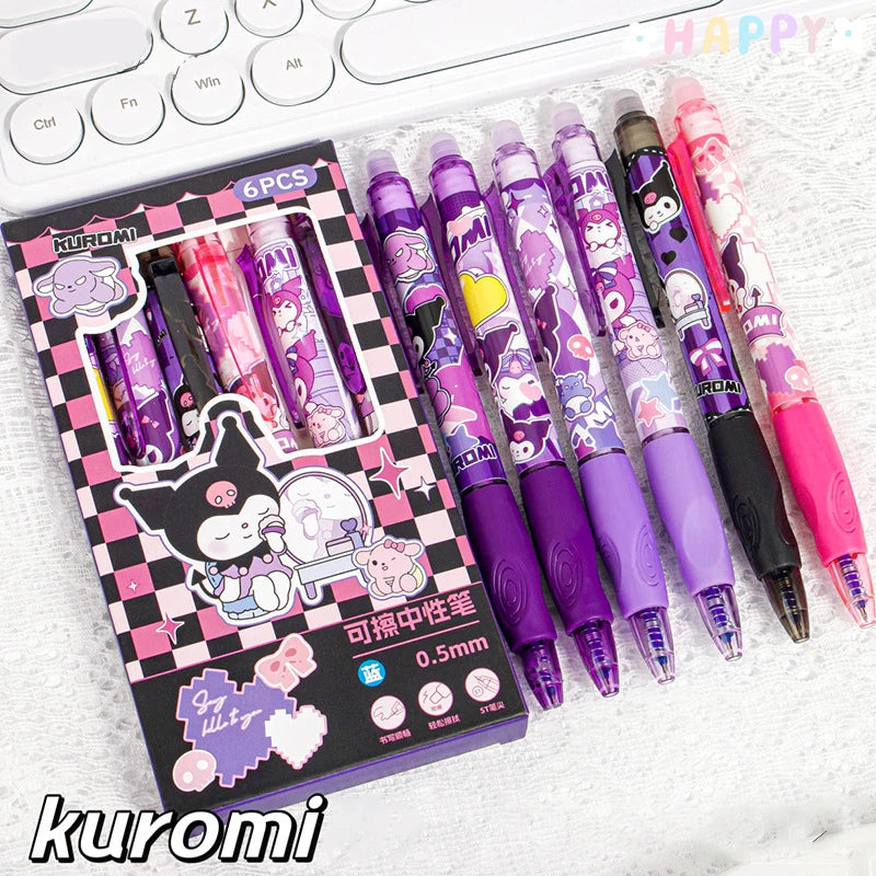 6PCS Sanrio Erasable Gel Pens – Pochacco, Kuromi, Cinnamoroll & Hello Kitty Neutral Ballpoint Pens for Students & Office
