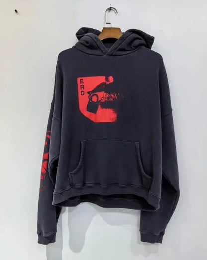 Washed Casual Hoodie Sweatshirt — Unisex Loose-Fit Street Style Crew Neck with Lip Print Letter Design, Vintage Comfortable Top