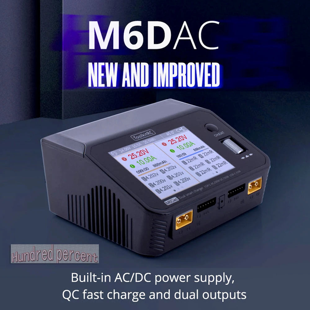 ToolkitRC M6DAC Dual Channel Smart LiPo Battery Charger – 200W AC, 350W DC x2, 15A for 1-6S LiHV PD 65W Discharger