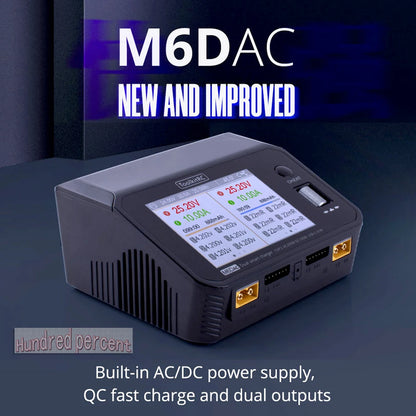ToolkitRC M6DAC Dual Channel Smart LiPo Battery Charger – 200W AC, 350W DC x2, 15A for 1-6S LiHV PD 65W Discharger