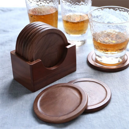 6PCS Walnut Wood Coasters Set — Round Insulated Japanese Beverage Placemats, Decorative Home Decor