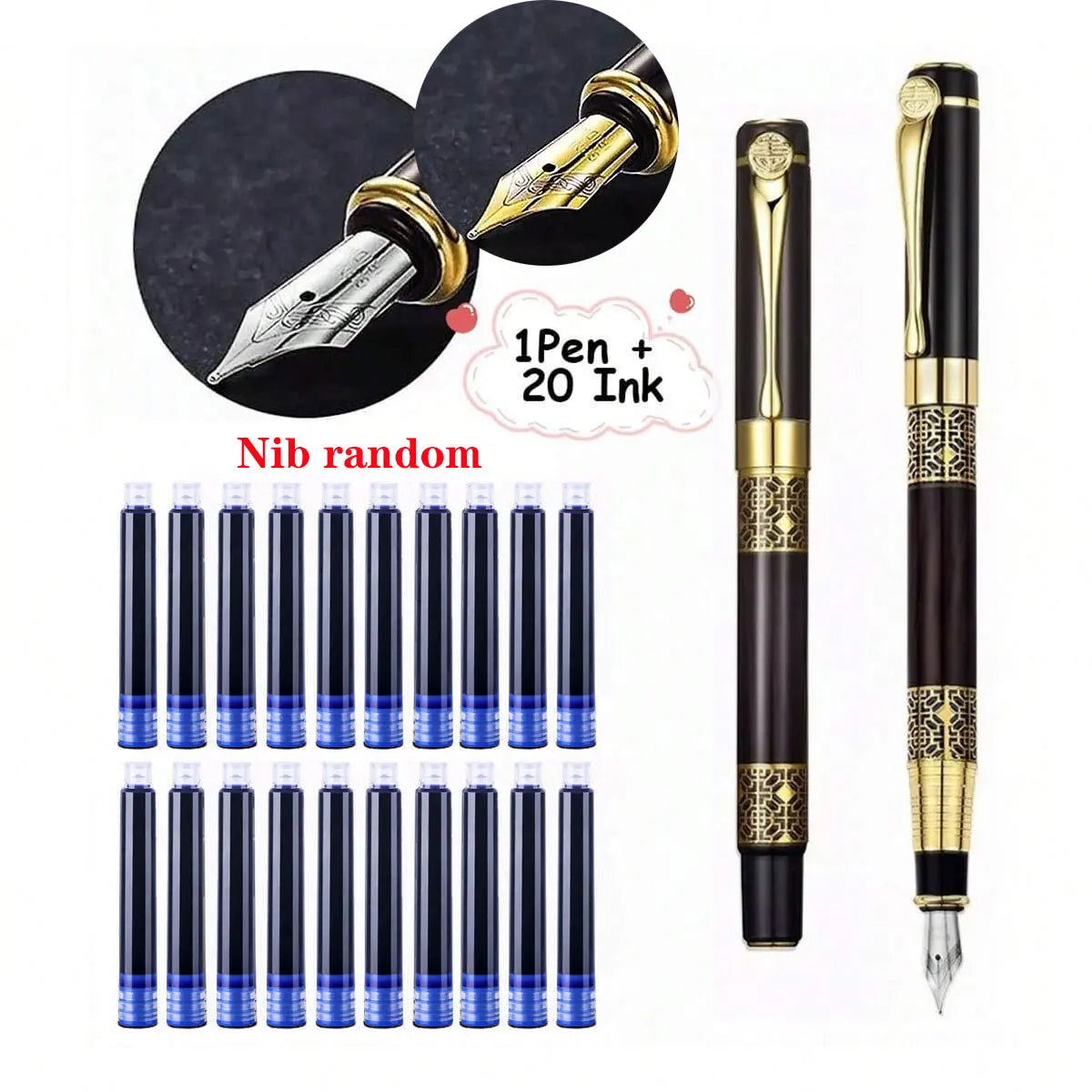 Retro Metal Fountain Pen — 1-100PCS Set with Replaceable Ink, Elegant Writing Pen for Office, School, and Stationery Gifts