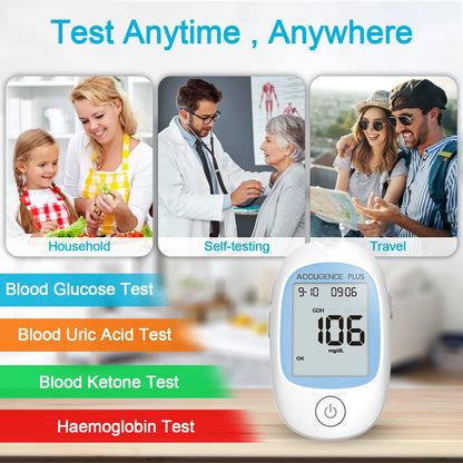 4-in-1 Multifunction Blood Monitor – Hemoglobin, Glucose, Ketone, Uric Acid Test for Diabetes, Anemia, Gout