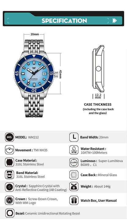 WM Welly Merck Automatic Mechanical Watch for Men — Sparkle Grain Gradient Dial, Ceramic Bezel, NH35, AR Coating, 100M WM212