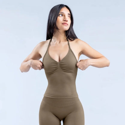 New Impact Sports Yoga Vest - Women's Backless Fitness Top, Built-in Bra with Cups, Scrunch Gym Clothes for Workout