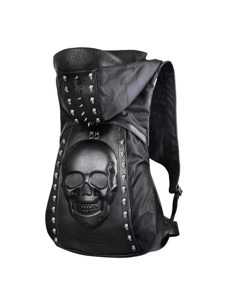 3D Skull Leather Backpack – Rivet Hooded Crossbody Bag with Unique Style