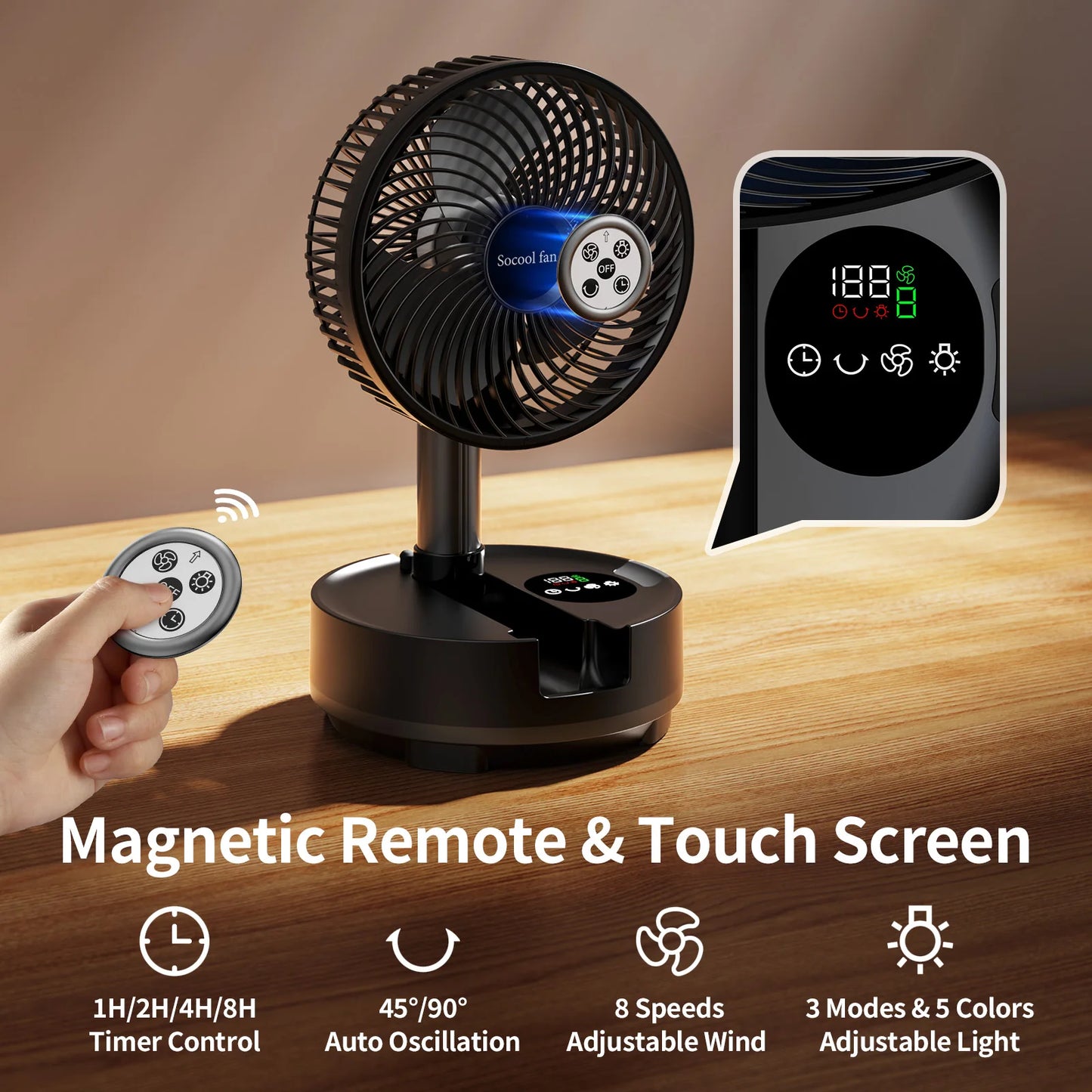 Socool 20000mAh Portable Folding Fan - Rechargeable 8-Speed Oscillating Floor & Desk Fan with Remote Control