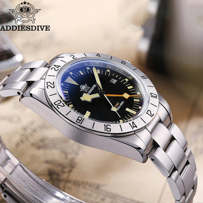 ADDIESDIVE GMT Men’s Diver Watch – 39mm Stainless Steel, Luminous Calendar Display, 20ATM Quartz Reloj Hombre