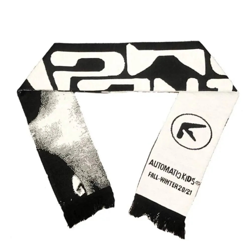 Men’s Y2K Black Knitted Scarf — Aphex Twin Goth Harajuku Streetwear Winter Shawl Unisex