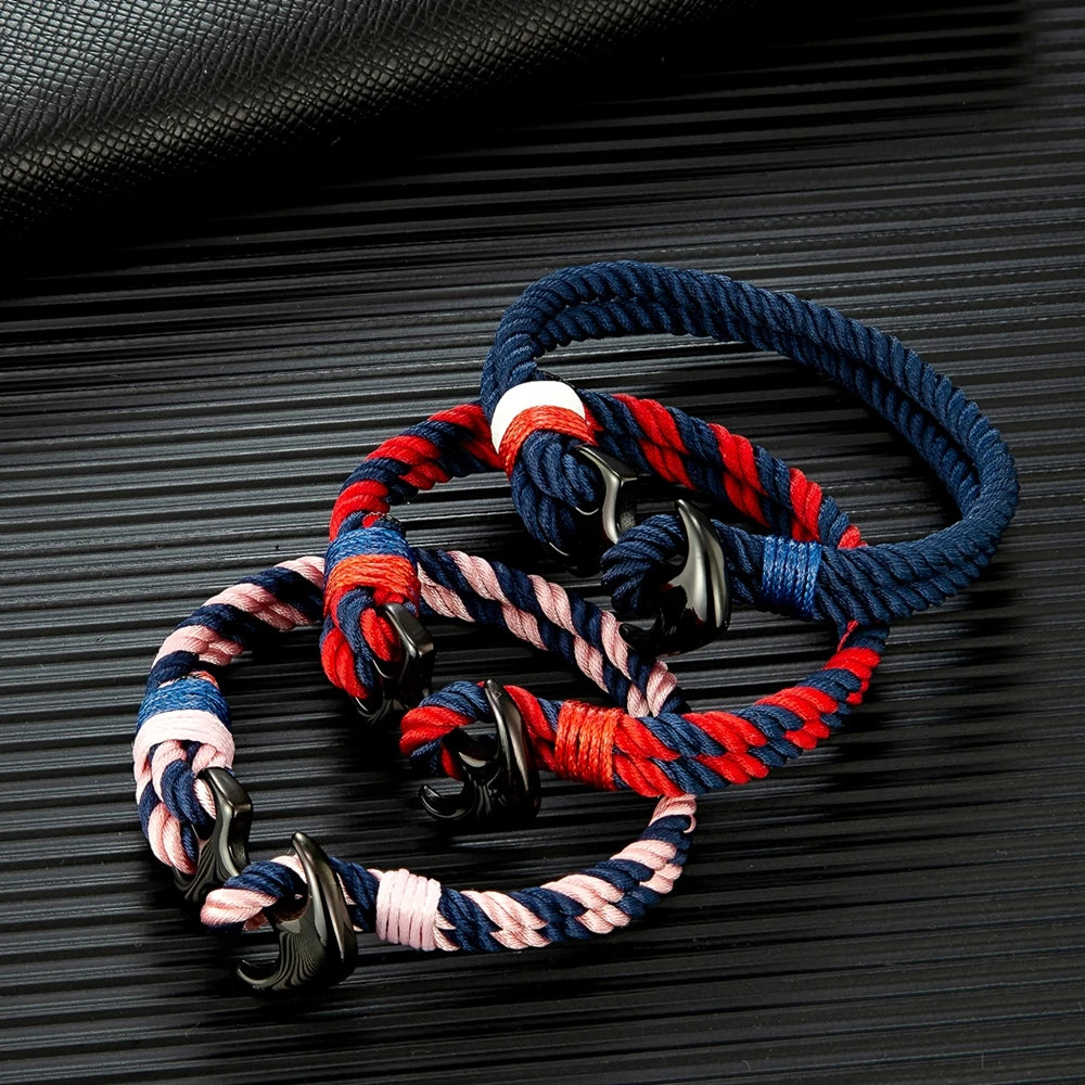 MKENDN Anchor Bracelet – Double Strand Nautical Waterproof Rope with Black Stainless Steel Sport Buckle for Men & Women