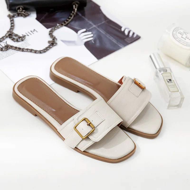 Women’s Flat Slippers — Summer Leather Square Toe Flats, Designer Slides & Luxury Sandals
