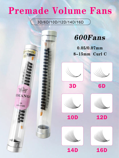 CoMango 600 Premade Volume Lash Fans | Pointy Base 3D–16D Eyelash Extensions – Faux Mink Wholesale