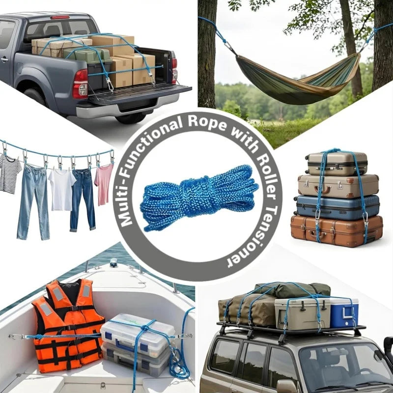Rope Tying & Tensioning Tool - Heavy-Duty Retractable Buckle with Roller Tensioner for Camping & Outdoor Use