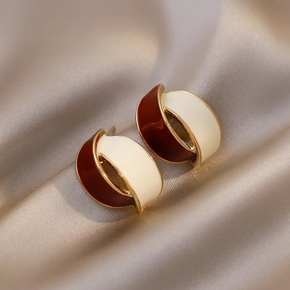 Korean Double Arc Enamel Stud Earrings – Blue Geometric Jewelry for Women