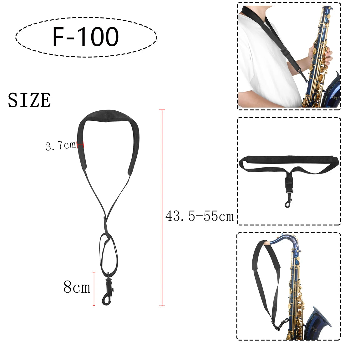 Saxophone Neck Strap - Adjustable Leather Universal Fit for Soprano, Alto, Tenor Sax with Secure Closed Hooks