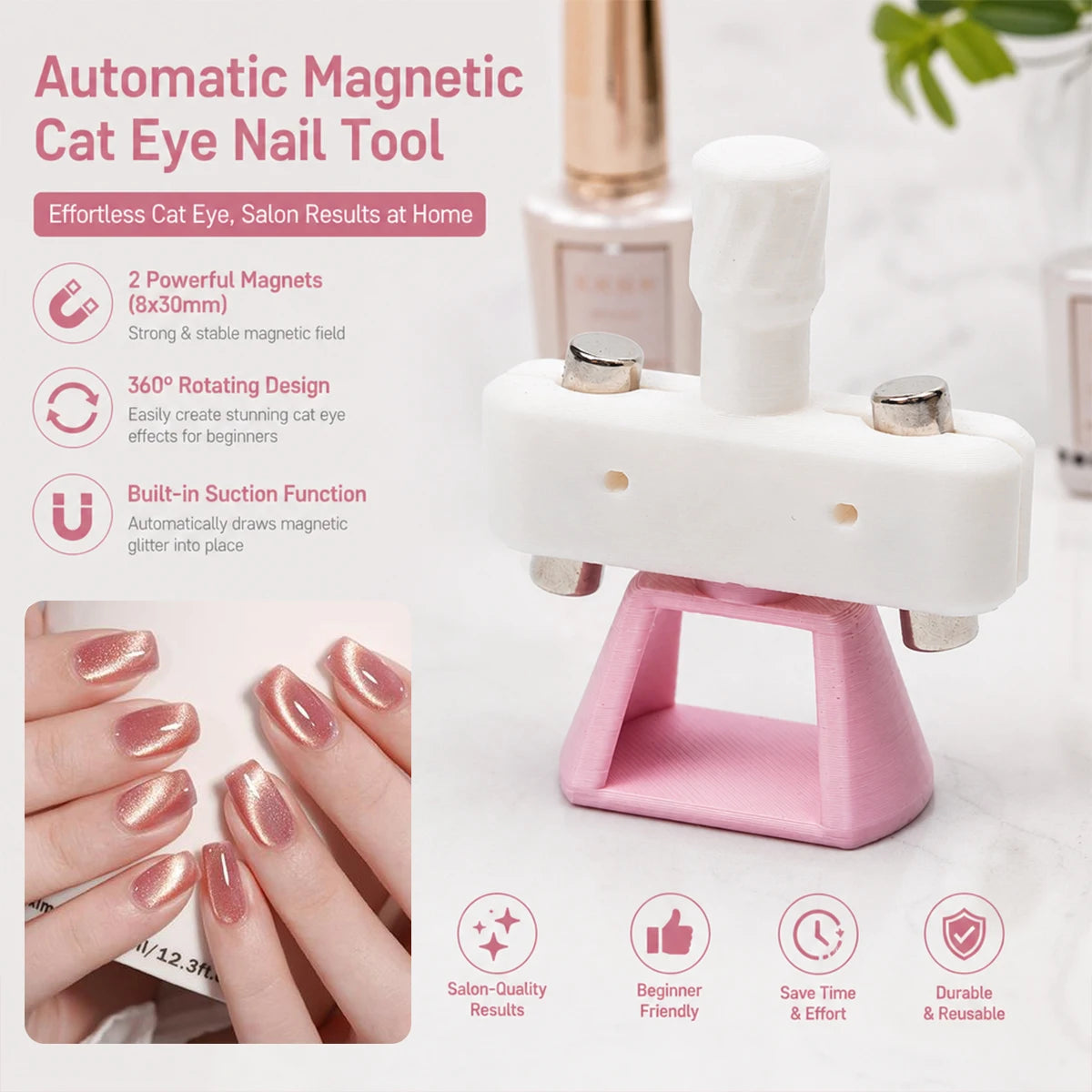 Automatic Cat-Eye Nail Art Tool - Glass Bead Magnetic Design Kit with 8×30mm Magnets for Beginners