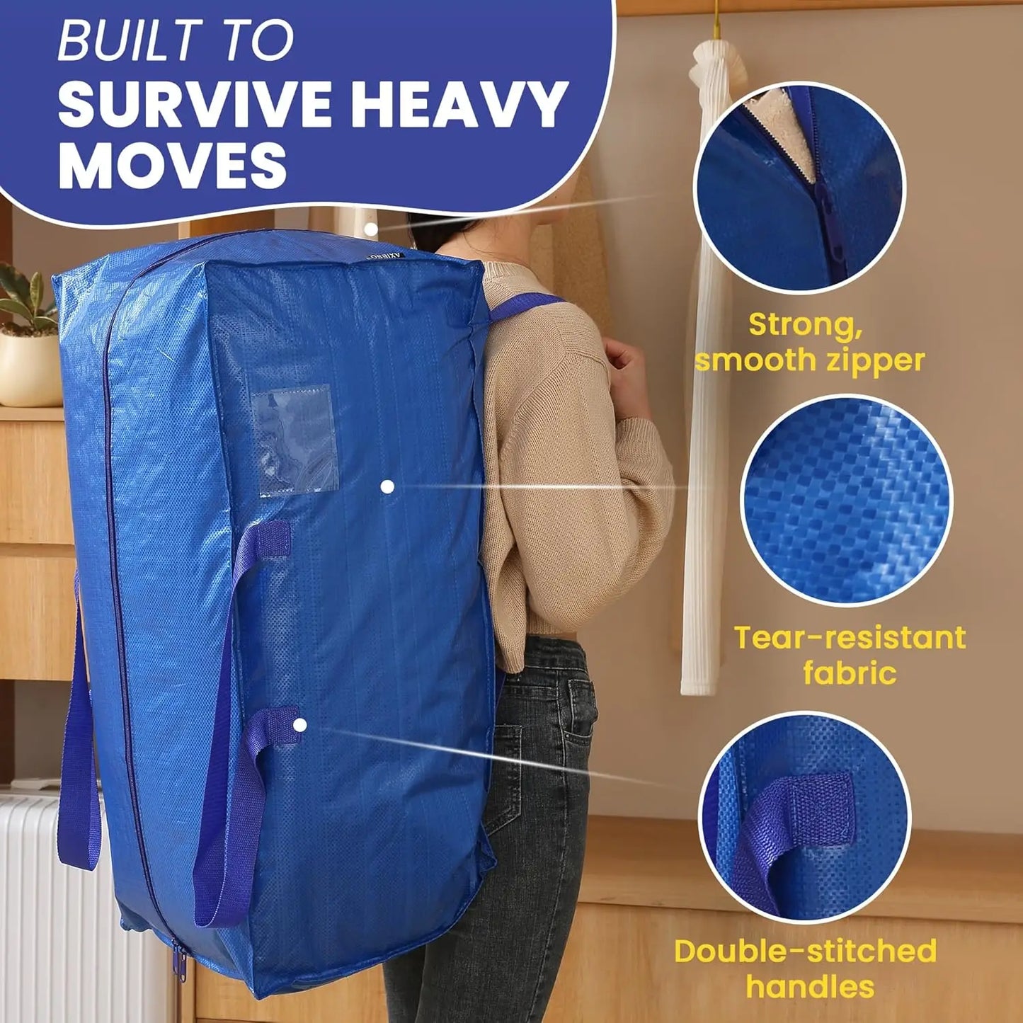 Large Moving Storage Bags - Heavy-Duty Zippered Totes with Carry Handles for Space-Saving Storage