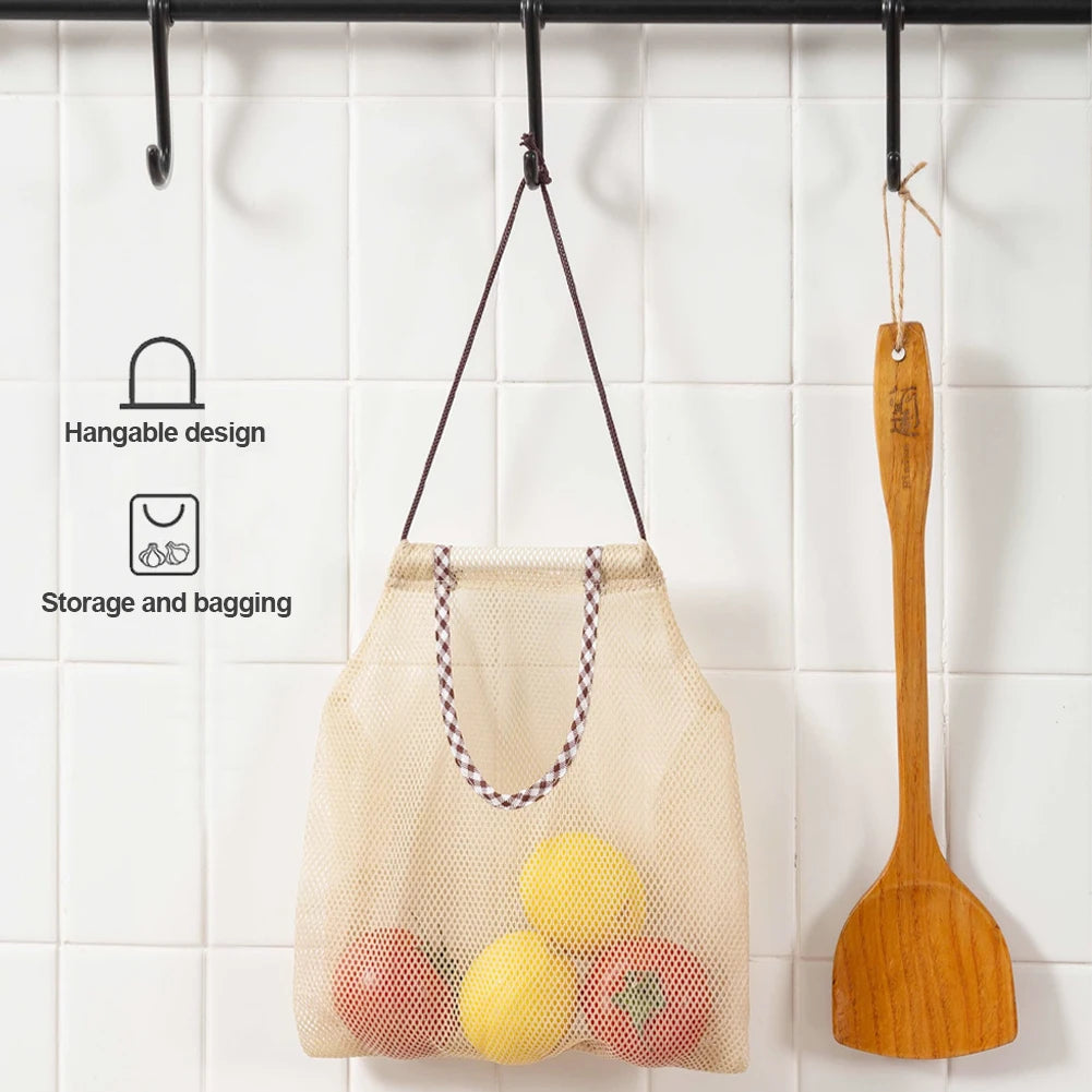 Reusable Hanging Mesh Storage Bag – Kitchen Fruit & Vegetable Organizer Net Bag for Onions, Garlic, Potatoes & Ginger