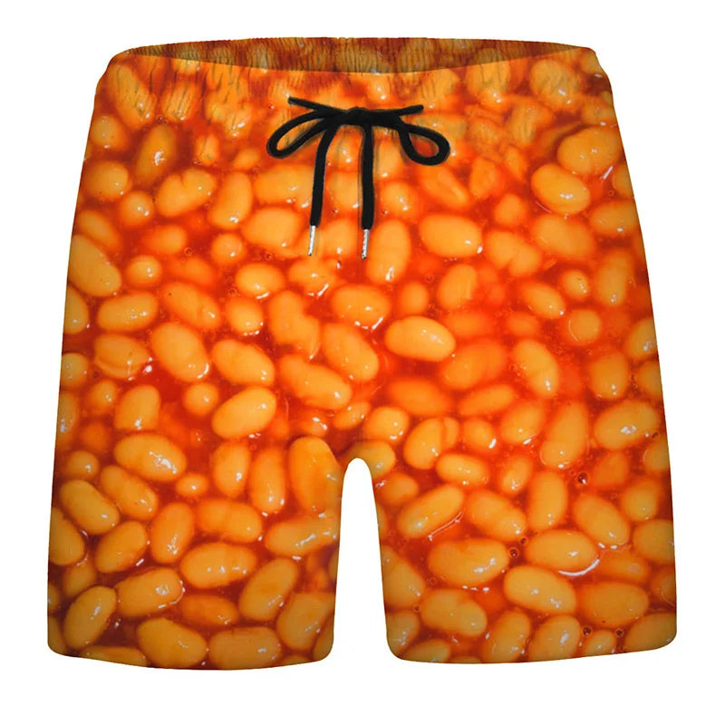 3D Sausage Print Beach Shorts - Funny Food Graphic Elastic Waist Swim Trunks for Men