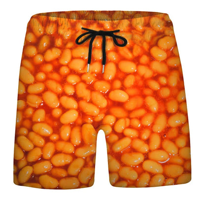 3D Sausage Print Beach Shorts - Funny Food Graphic Elastic Waist Swim Trunks for Men