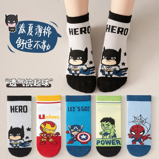5 Pairs Spiderman Cotton Socks for Kids – Iron Man, Hulk, Thor Anime Boys Short Socks, Cartoon Baby Spring & Summer Footwear