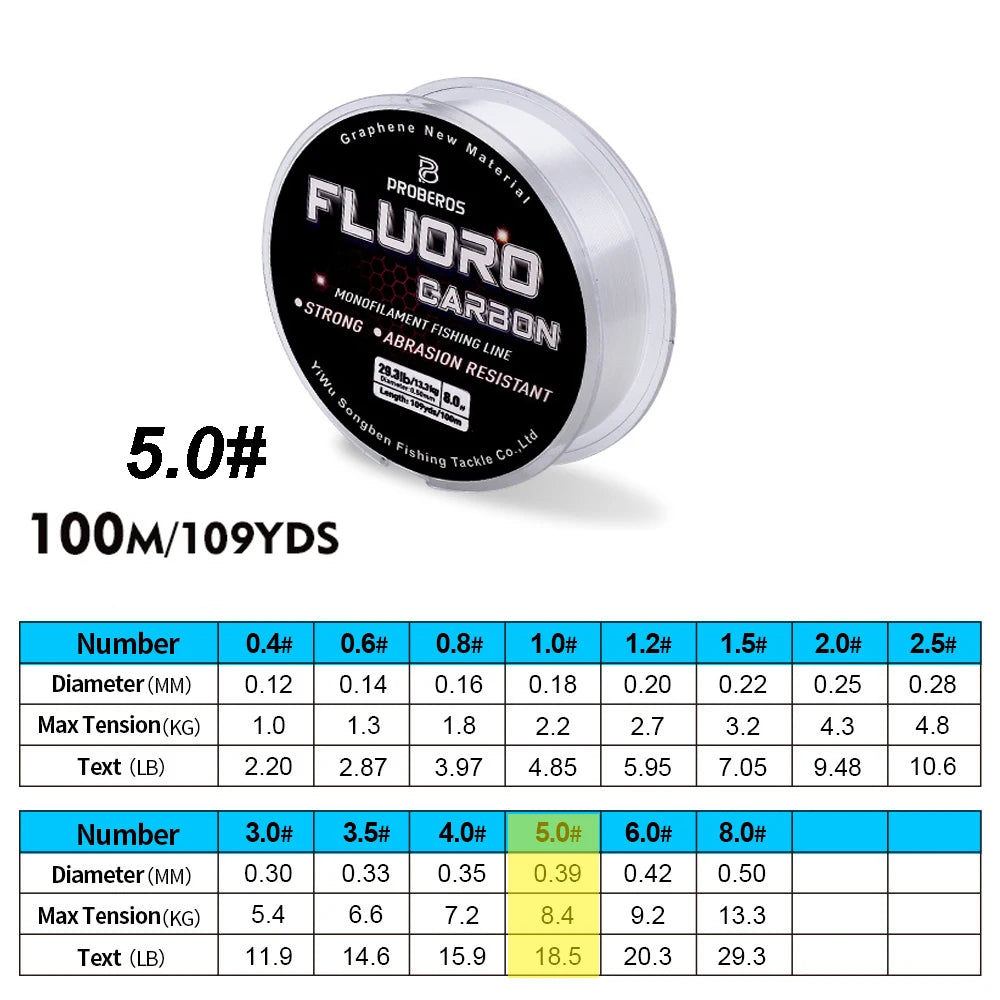 PROBEROS 100M Fluorocarbon Fishing Line - Carbon Fiber Monofilament Leader Line for Carp & Sinking Fishing Tackle