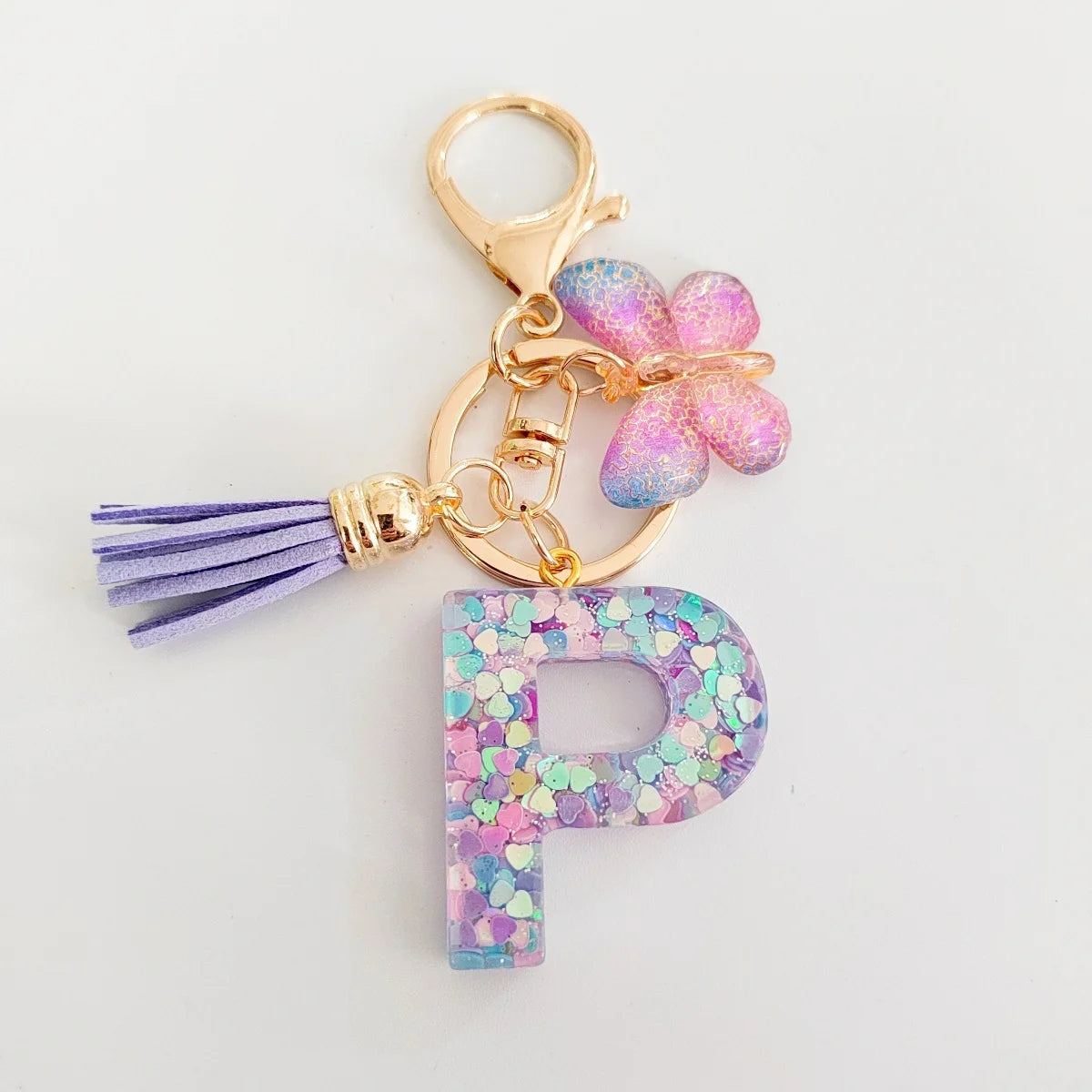 Butterfly Fringe Initial Keychain - Sequin A-Z Letter Bag Charm for Women, Students & Gifts