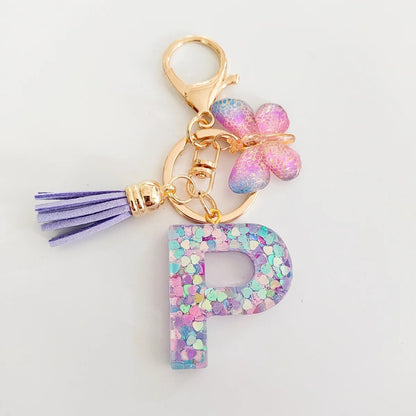 Butterfly Fringe Initial Keychain - Sequin A-Z Letter Bag Charm for Women, Students & Gifts