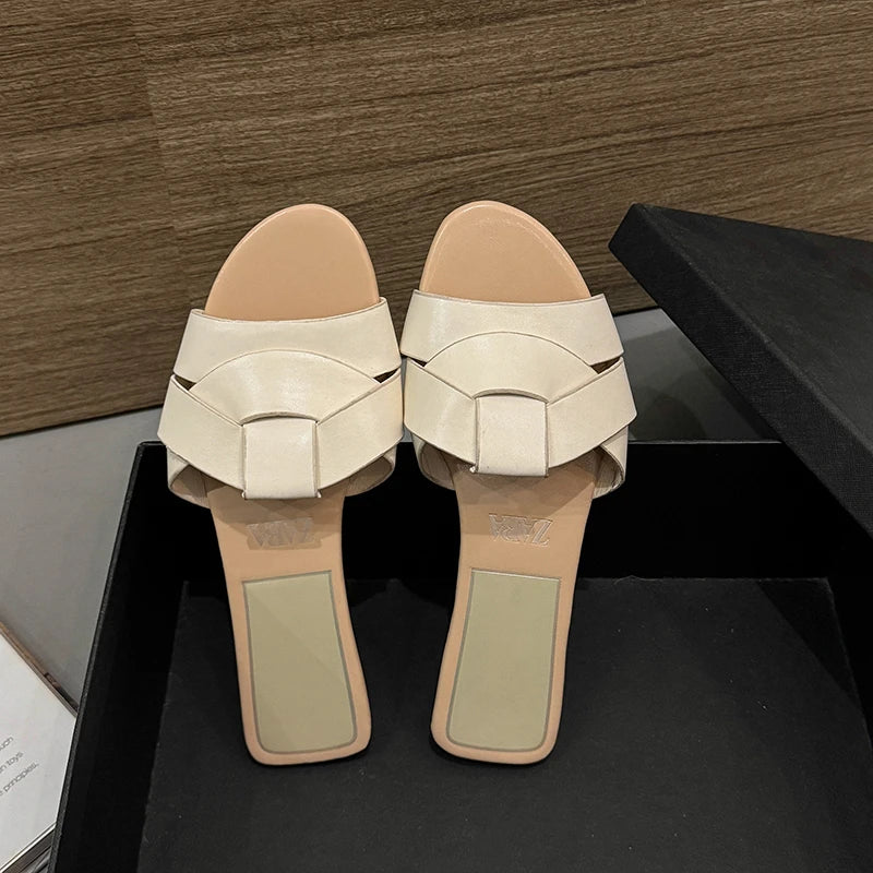 2025 Summer Women's Designer Open Toe Woven Flat Slippers – Comfortable Casual Shoes