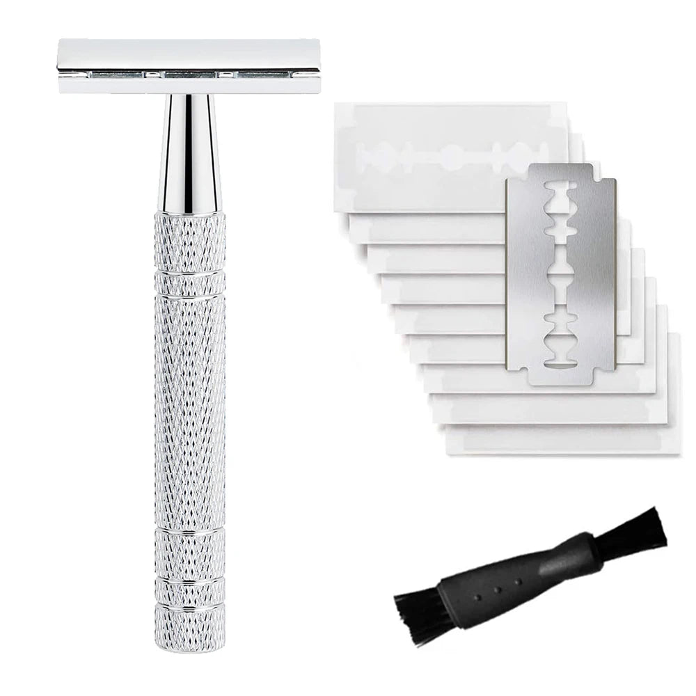 Double Edge Safety Razor for Men – Reusable Single Blade Razor with 10 Safety Razor Blades, Travel Essential Shaver