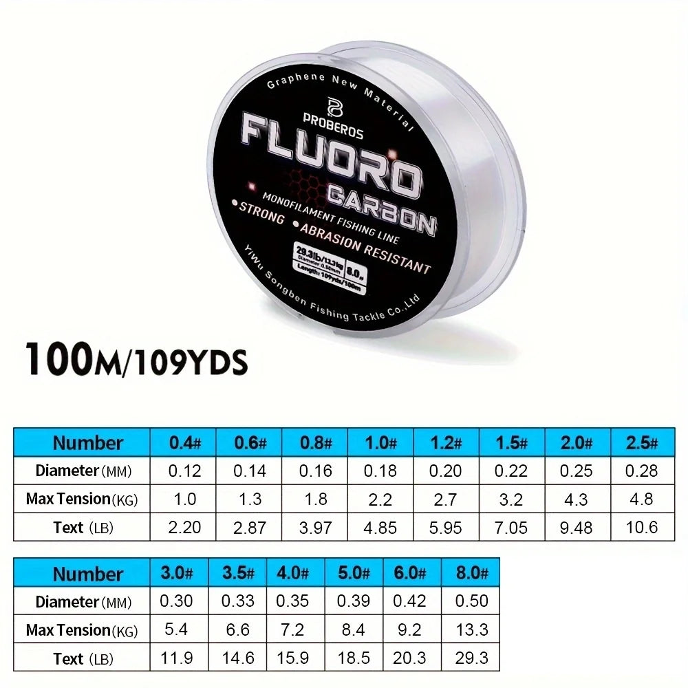 PROBEROS 100M Fluorocarbon Fishing Line - Carbon Fiber Monofilament Leader Line for Carp & Sinking Fishing Tackle